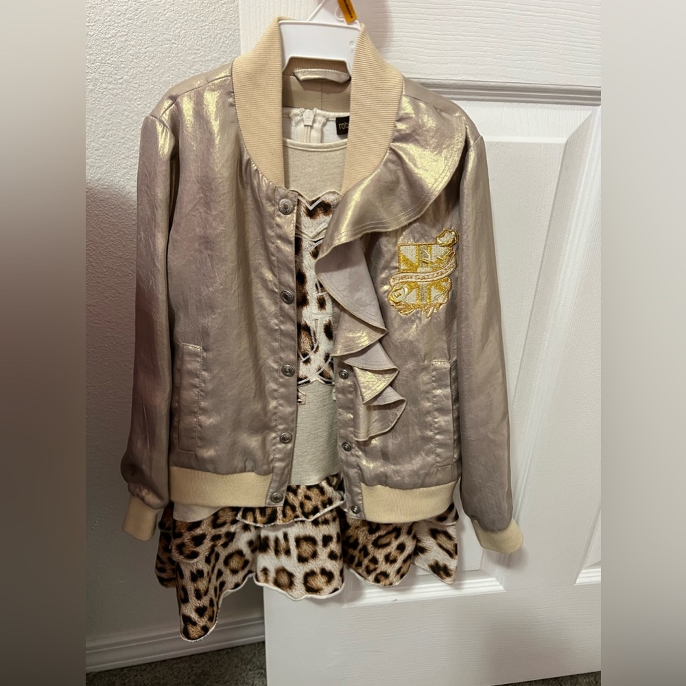 Roberto Cavalli Girl’s Ivory Logo Dress With John Galliano Girl’s Golden Jacket